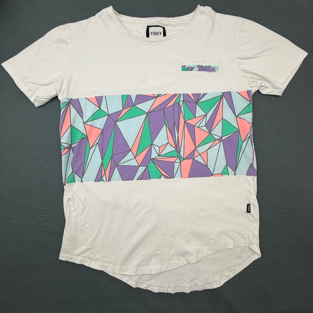 Strata Geometric‎ Print T Shirt Mens Large White Short Sleeve Curved Hem Retro